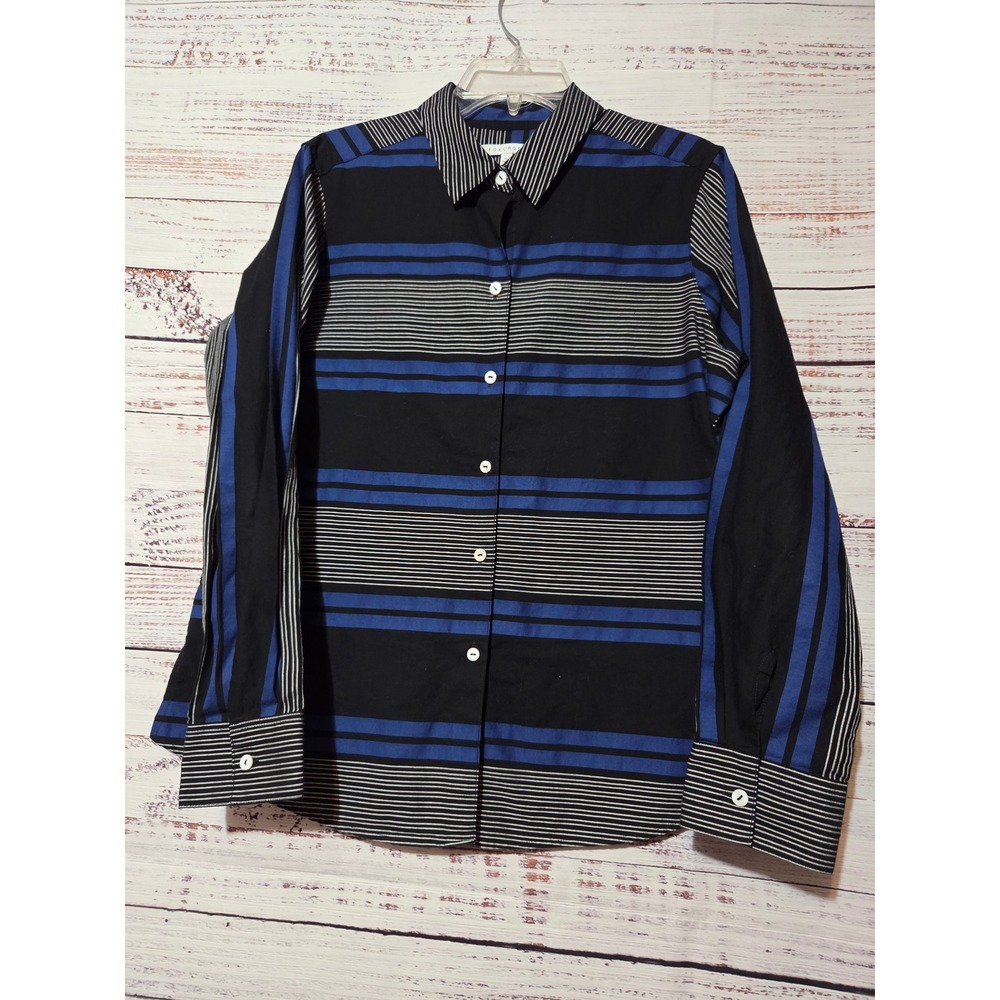 Foxcroft Womens 12 Shaped Blouse Blue Black White Striped Cotton Button Down